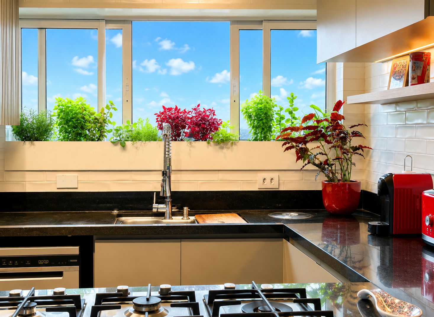 Mini horta integrada à cozinha completa, com fogão e eletrodomésticos
