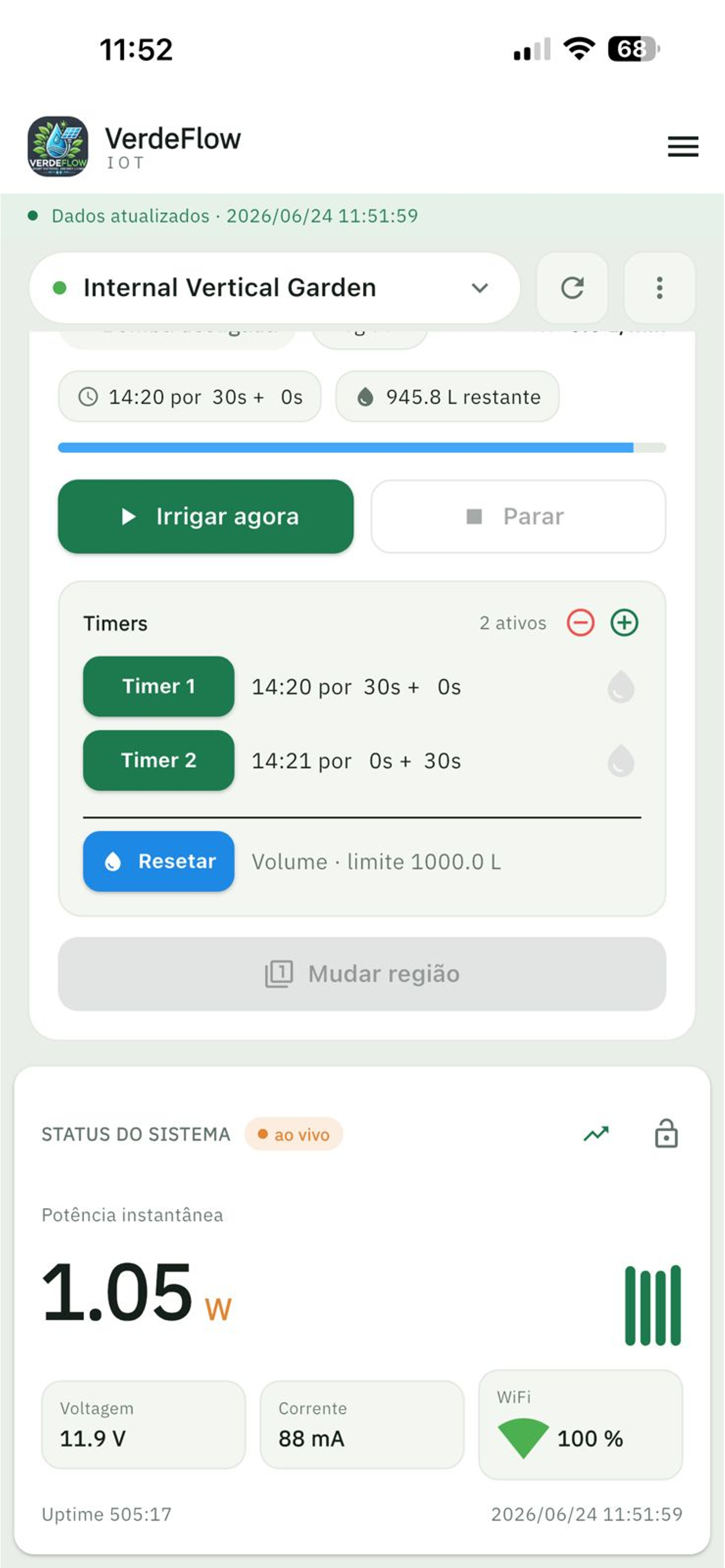 Tela do app mostrando irrigação, timers e status do sistema