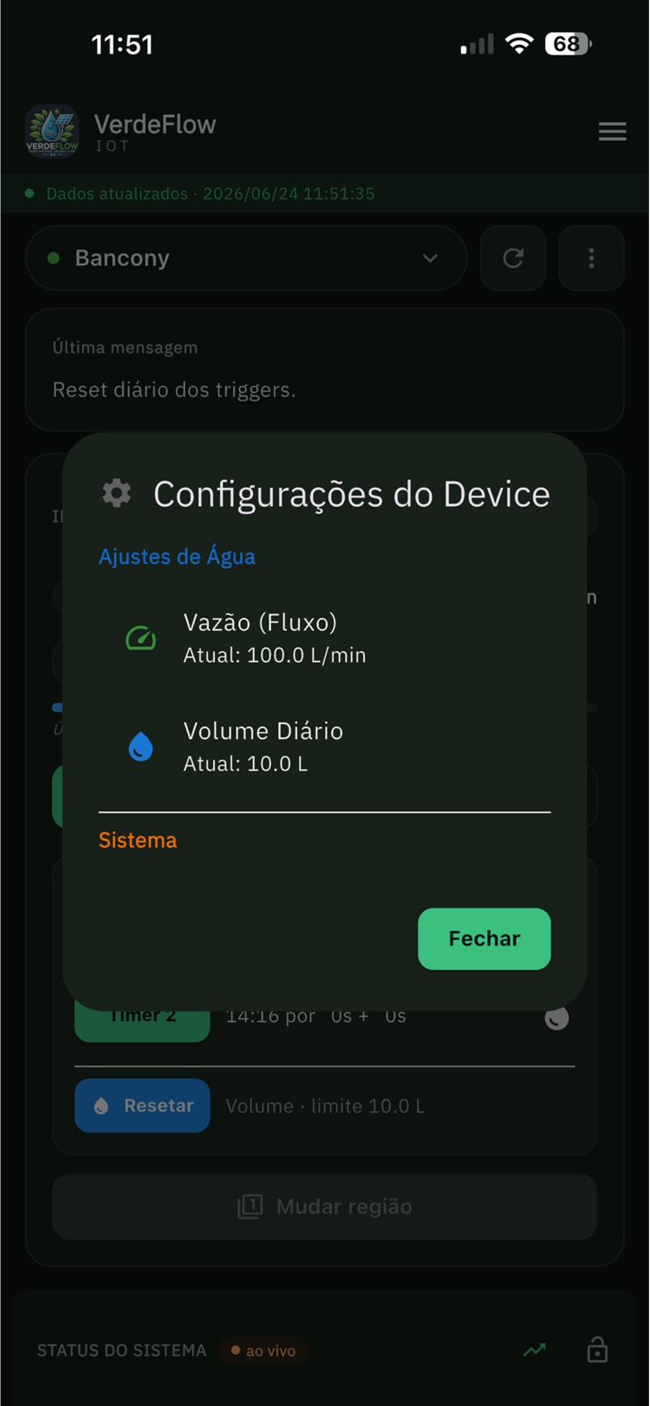 Tela do app em modo escuro, com configurações avançadas do device