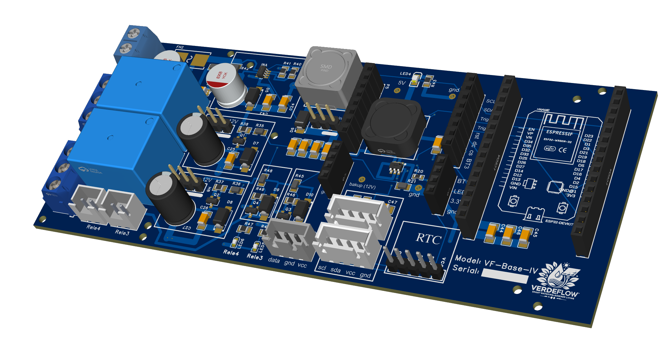 Placa VerdeFlow VF-Base-IV, com ESP32, relés, RTC e sensor de corrente